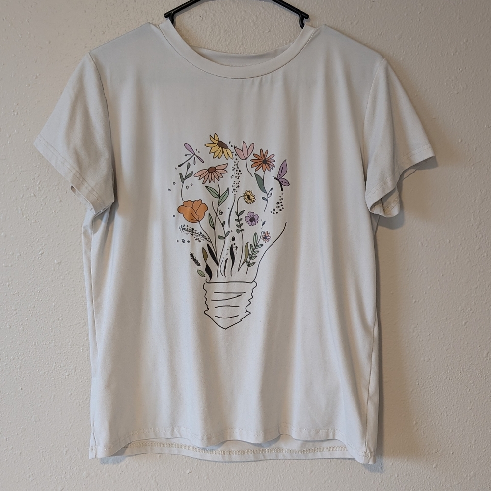 SHEIN White Tee with Colorful Floral Lightbulb Design